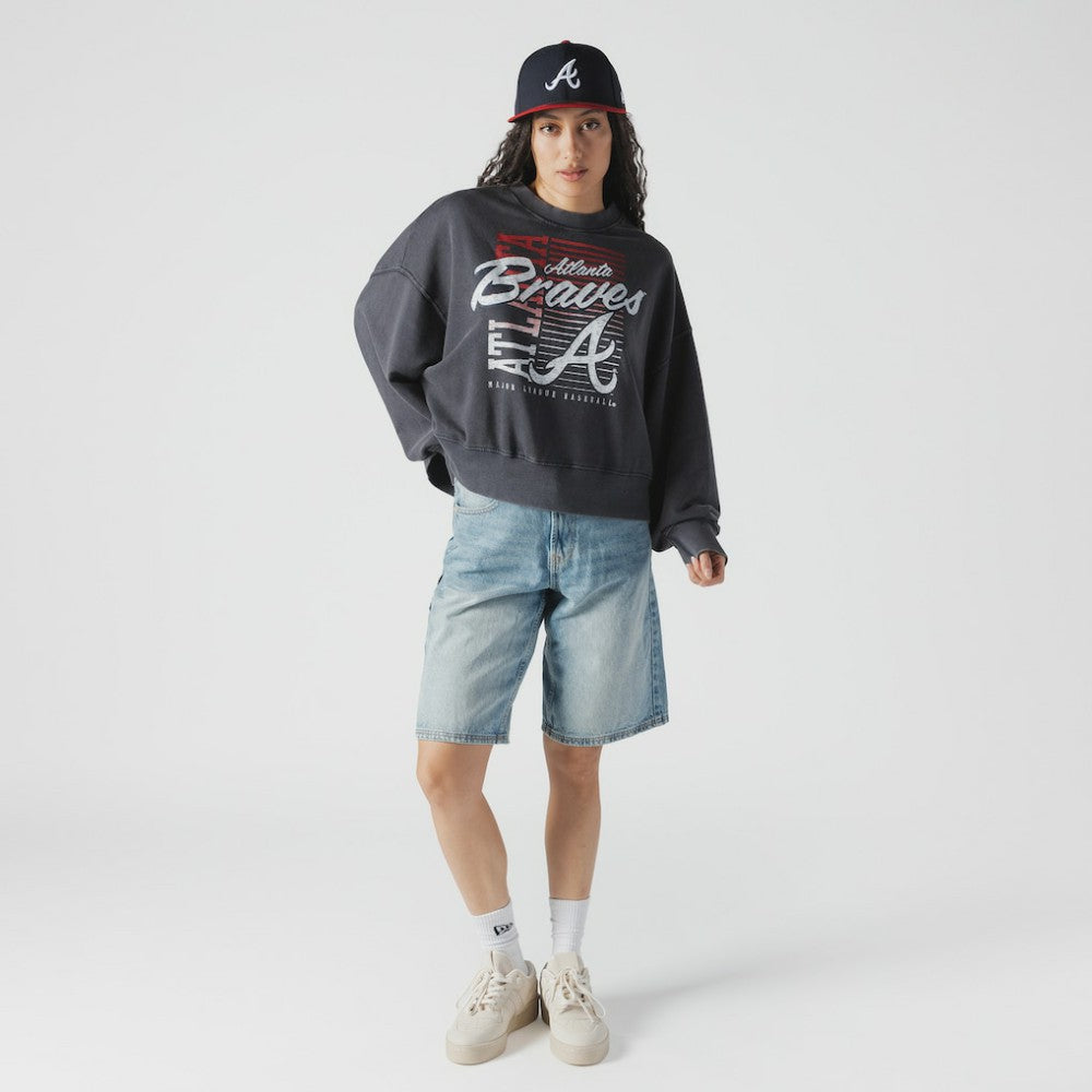 Navy Atlanta Braves New Era Women's Boxy Mineral Wash Dolmen Sleeve Cropped Sweatshirt
