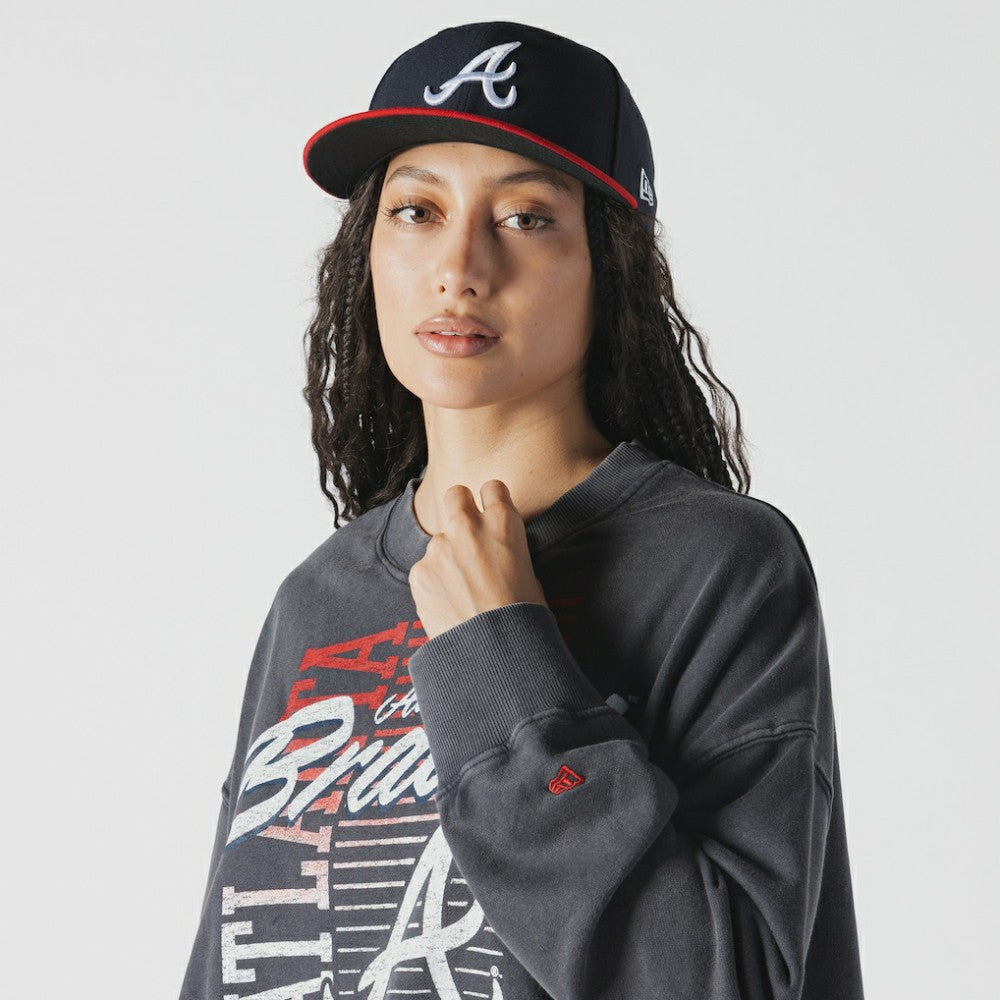 Navy Atlanta Braves New Era Women's Boxy Mineral Wash Dolmen Sleeve Cropped Sweatshirt