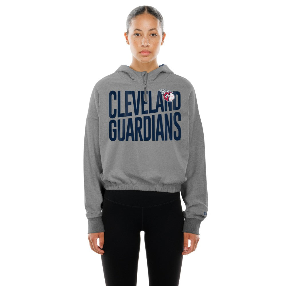 Heather Gray Cleveland Guardians New Era Women's Reversed Out French Terry Quarter-Zip Banded Crop Hoodie