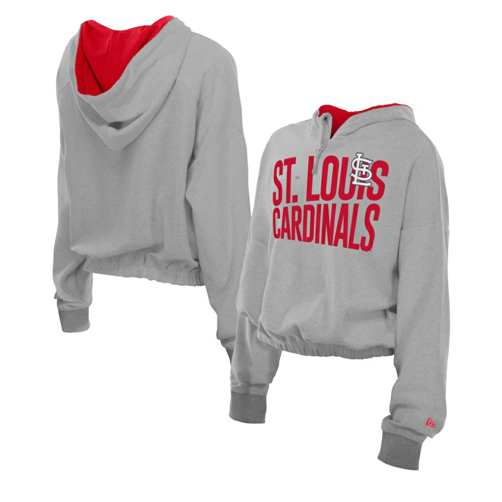 Heather Gray St. Louis Cardinals New Era Women's Reversed Out French Terry Quarter-Zip Banded Crop Hoodie