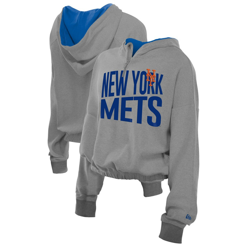 Heather Gray New York Mets New Era Women's Reversed Out French Terry Quarter-Zip Banded Crop Hoodie