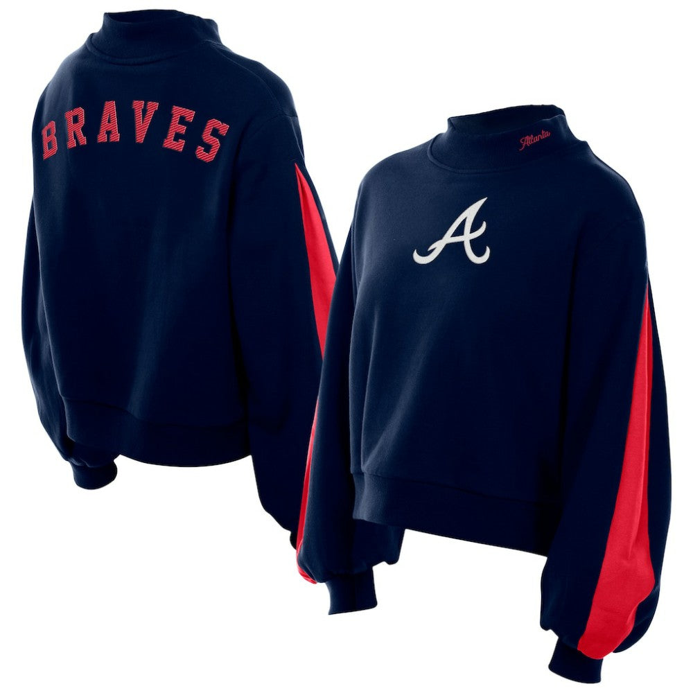 Navy Atlanta Braves New Era Women's Mock Neck Balloon Sleeve Sweatshirt