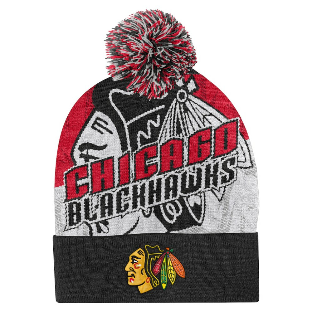 NHL Chicago Blackhawks Outerstuff Youth New Edge Cuffed Knit Hat with Pom