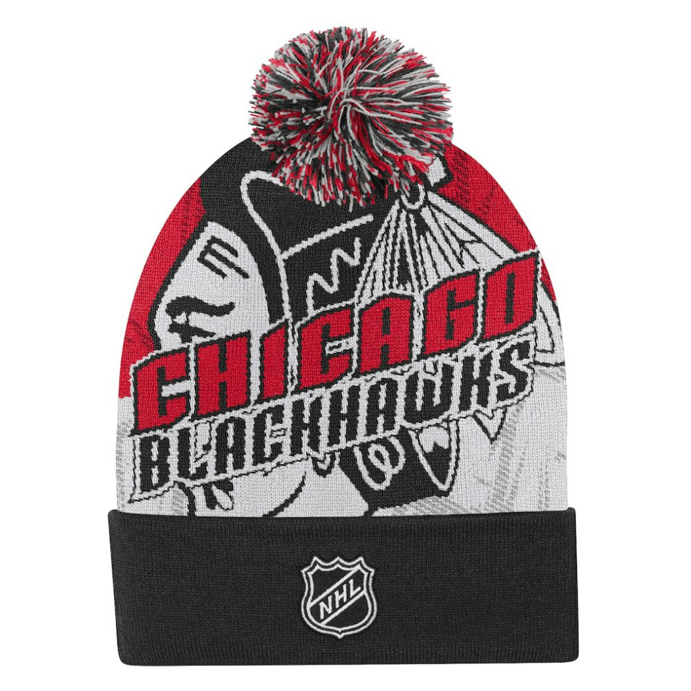 NHL Chicago Blackhawks Outerstuff Youth New Edge Cuffed Knit Hat with Pom