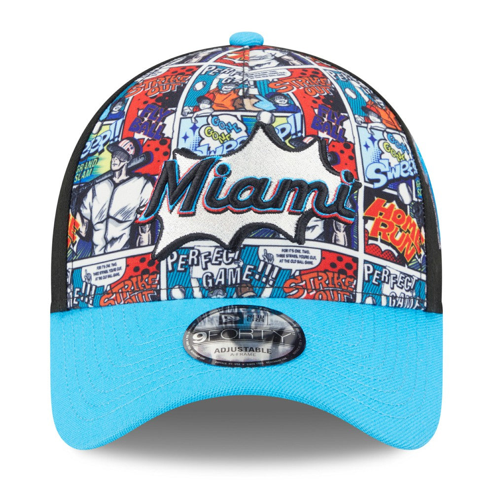 Black/Blue Miami Marlins New Era Youth 2025 MLB Diamond Hero Edition A-Frame 9FORTY Adjustable Hat