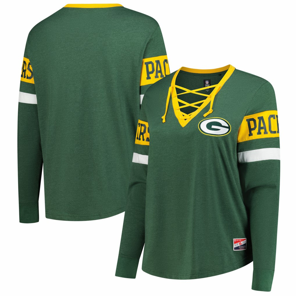 Women's Plus Size Throwback Lace-Up Long Sleeve T-Shirt - Green Bay Packers T-shirts