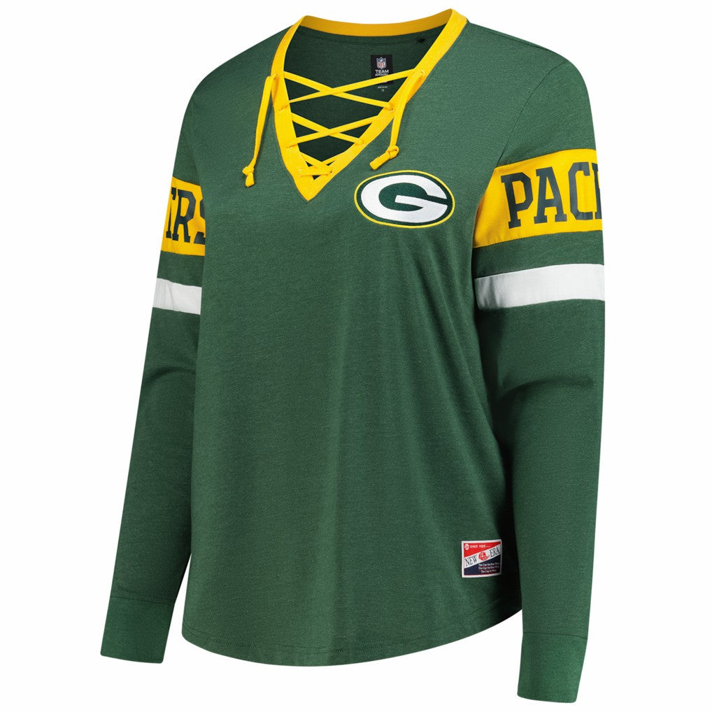 Women's Plus Size Throwback Lace-Up Long Sleeve T-Shirt - Green Bay Packers T-shirts