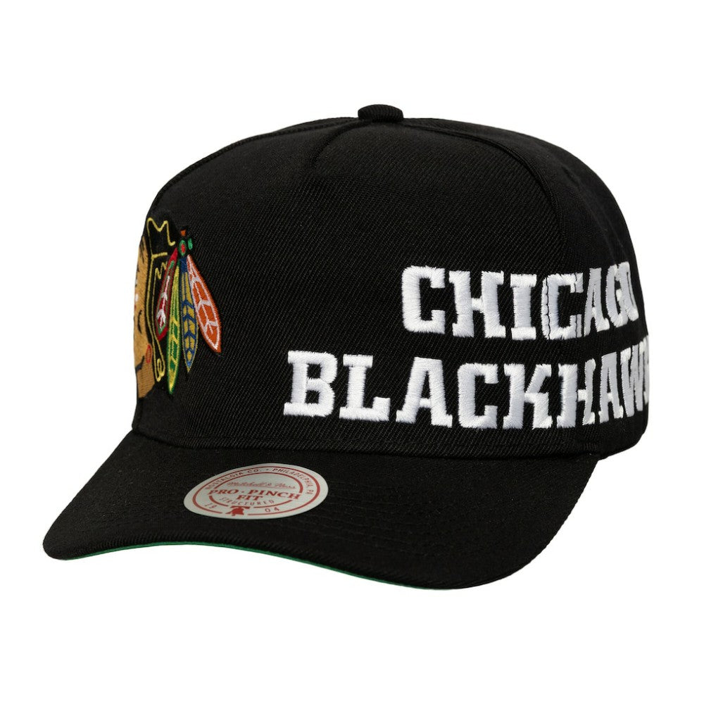 NHL Chicago Blackhawks Mitchell & Ness Busted Logo Wordmark Wrap Around Pro Pinch Adjustable Hat