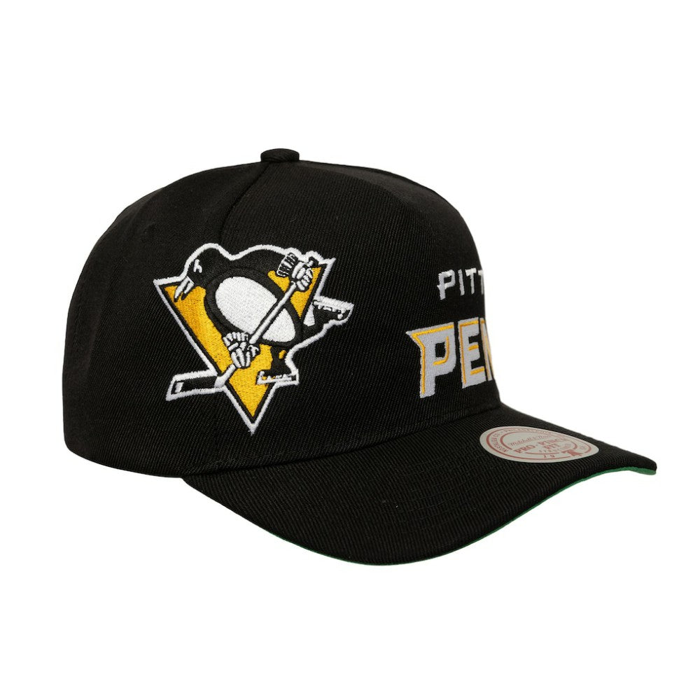 NHL Pittsburgh Penguins Mitchell & Ness Busted Logo Wordmark Wrap-Around Pro Pinch Adjustable Hat