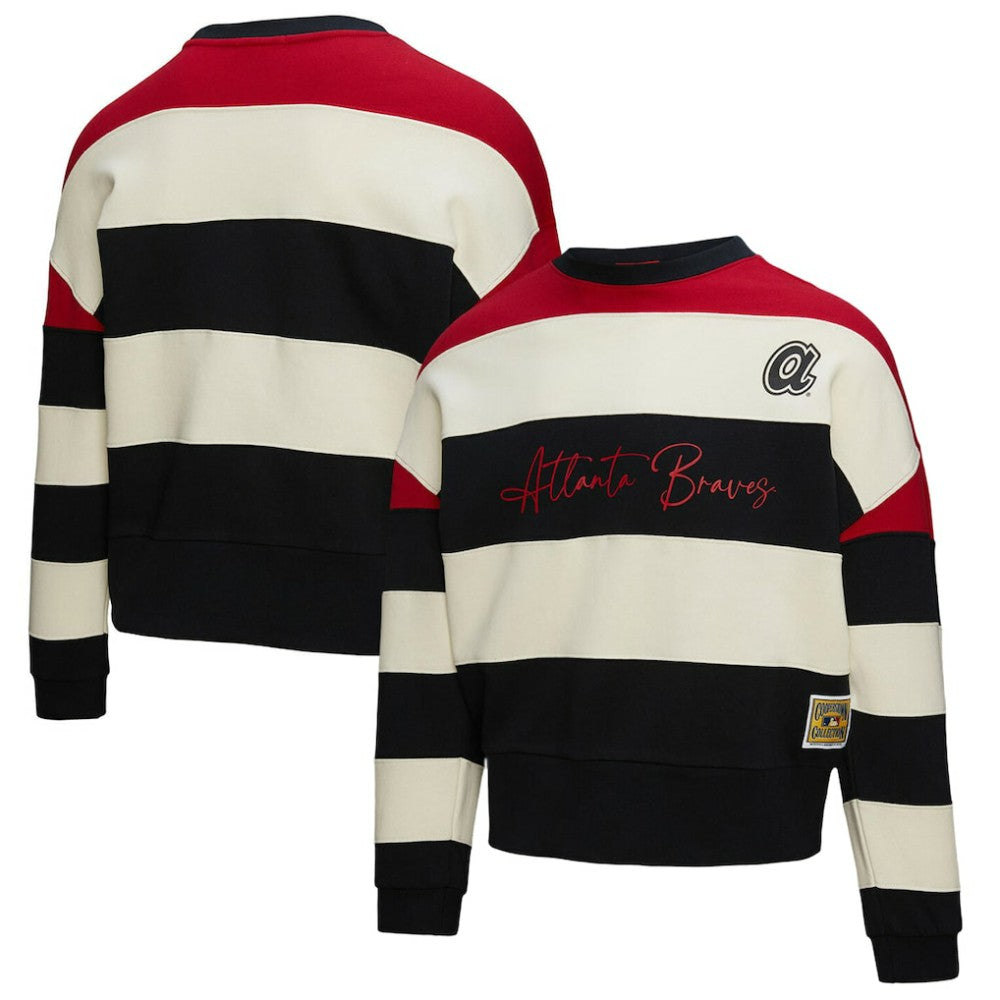 Red/Black Atlanta Braves Mitchell & Ness Women's Cooperstown Collection Blocked Fleece Pullover Sweatshirt- Red/Black