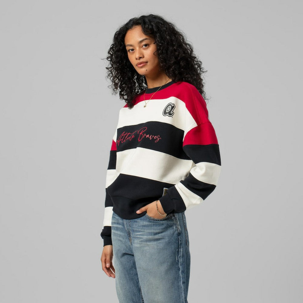 Red/Black Atlanta Braves Mitchell & Ness Women's Cooperstown Collection Blocked Fleece Pullover Sweatshirt- Red/Black