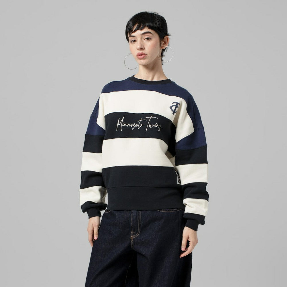 Navy/Black Minnesota Twins Mitchell & Ness Women's Cooperstown Collection Blocked Fleece Pullover Sweatshirt- Navy/Black