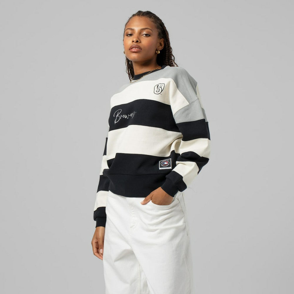 Gray/Black Milwaukee Brewers Mitchell & Ness Women's Cooperstown Collection Blocked Fleece Pullover Sweatshirt- Gray/Black