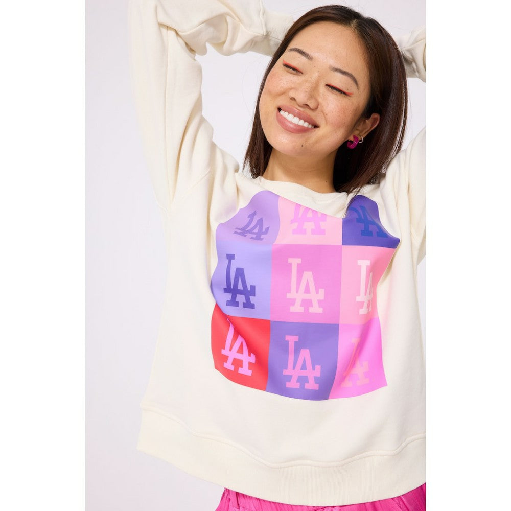 Cream Los Angeles Dodgers Terez Women's Technicolor  Oversized Pullover Sweatshirt