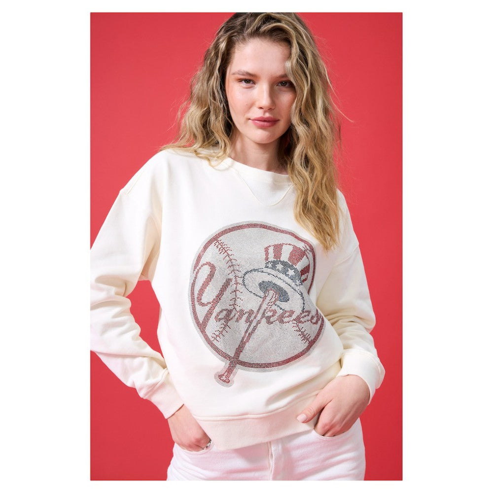 Cream New York Yankees Terez Women's Oversized Gemstone Logo Sweatshirt