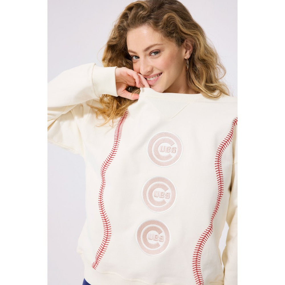 Cream Chicago Cubs Terez Women's Baseball Stitch Pullover Sweatshirt