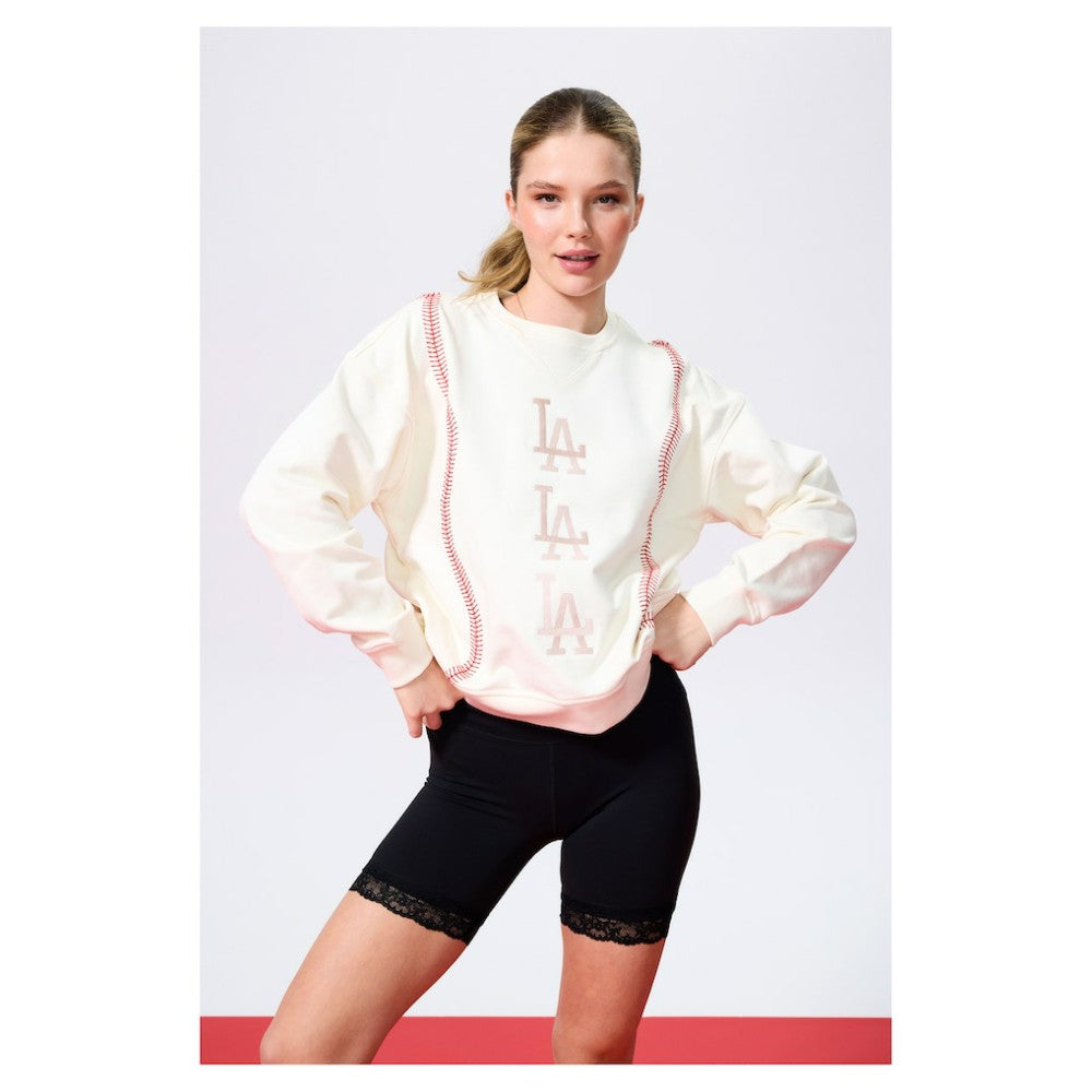 Cream Los Angeles Dodgers Terez Women's Baseball Stitch Pullover Sweatshirt