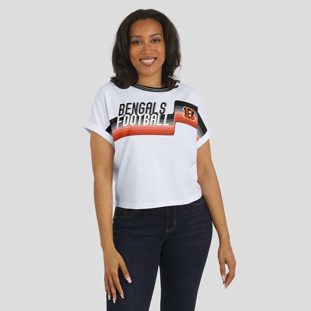 WEAR by Erin Andrews Women's Cropped Center Stripe Dolman T-Shirt - Cincinnati Bengals T-shirts