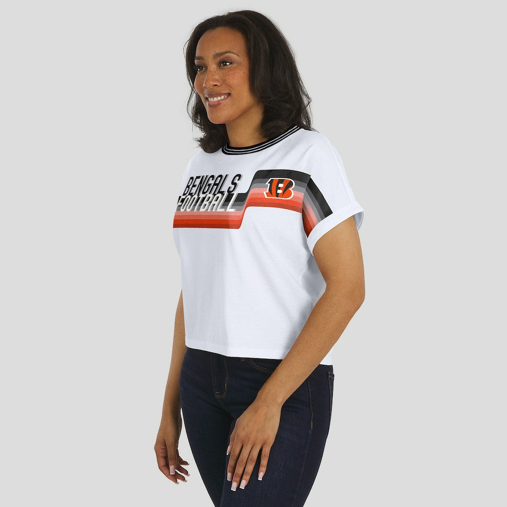WEAR by Erin Andrews Women's Cropped Center Stripe Dolman T-Shirt - Cincinnati Bengals T-shirts