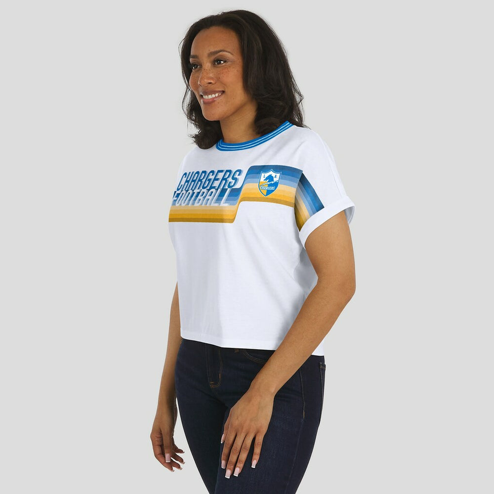 WEAR by Erin Andrews Women's Cropped Center Stripe Dolman T-Shirt - Los Angeles Chargers T-shirts
