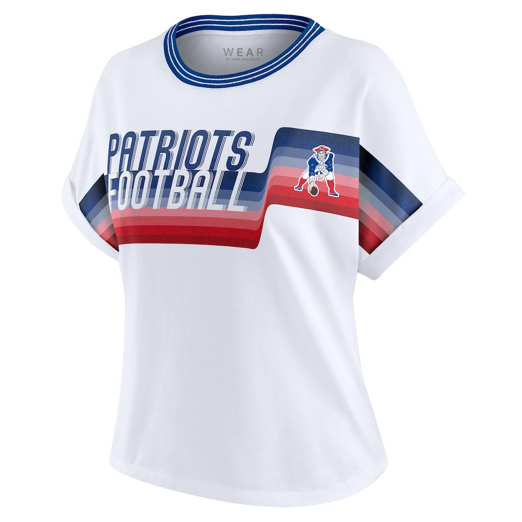 WEAR by Erin Andrews Women's Cropped Center Stripe Dolman T-Shirt - New England Patriots T-shirts