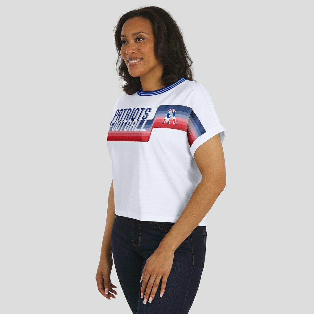 WEAR by Erin Andrews Women's Cropped Center Stripe Dolman T-Shirt - New England Patriots T-shirts