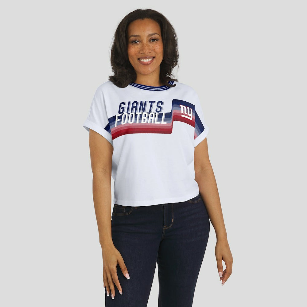 WEAR by Erin Andrews Women's Cropped Center Stripe Dolman T-Shirt - New York Giants T-shirts
