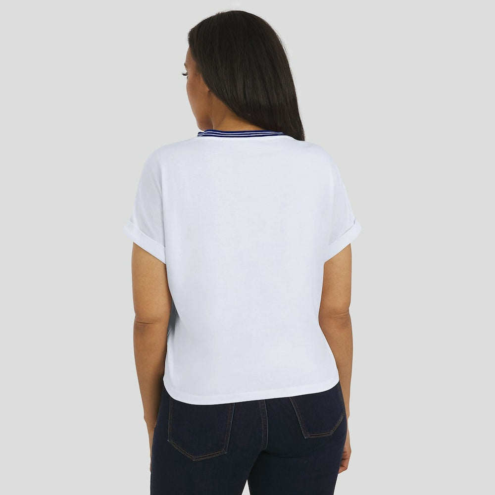 WEAR by Erin Andrews Women's Cropped Center Stripe Dolman T-Shirt - New York Giants T-shirts