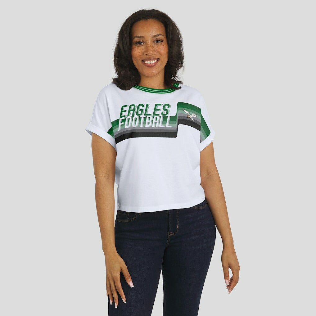 WEAR by Erin Andrews Women's Cropped Center Stripe Dolman T-Shirt - Philadelphia Eagles T-shirts