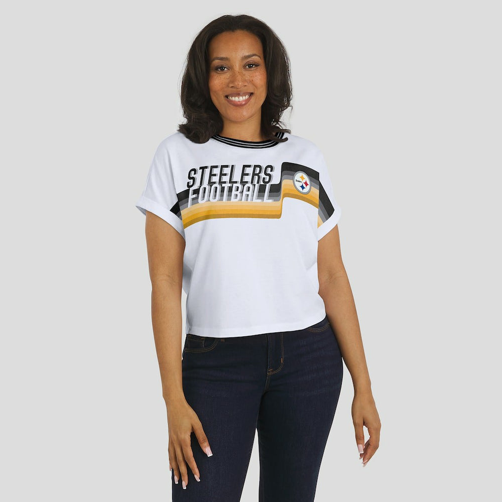 WEAR by Erin Andrews Women's Cropped Center Stripe Dolman T-Shirt - Pittsburgh Steelers T-shirts