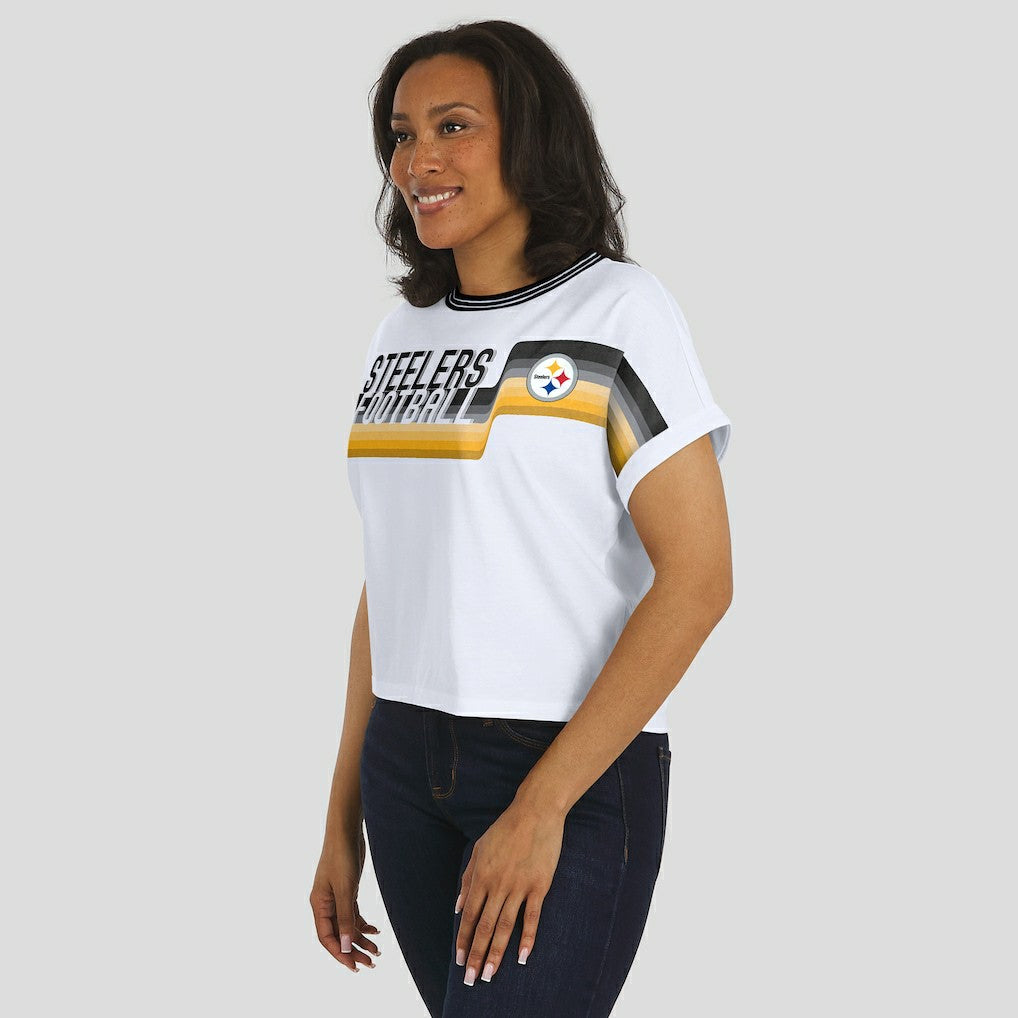 WEAR by Erin Andrews Women's Cropped Center Stripe Dolman T-Shirt - Pittsburgh Steelers T-shirts