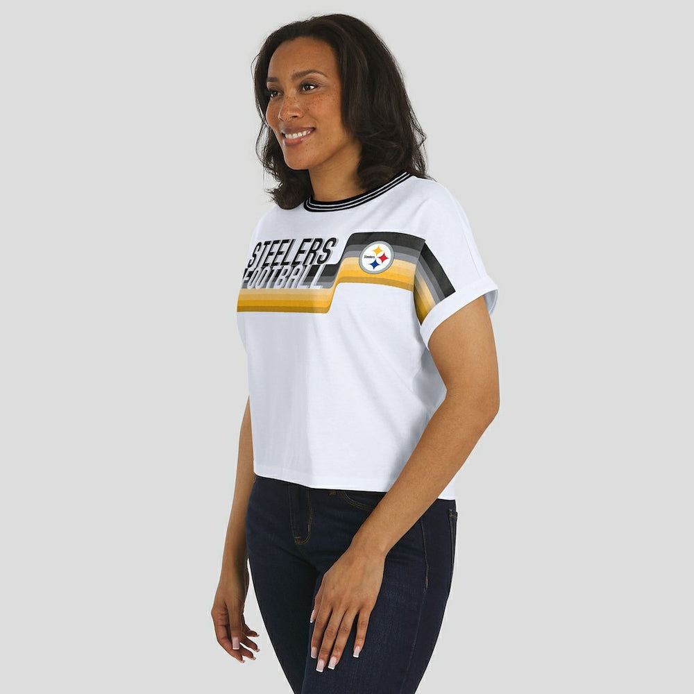 WEAR by Erin Andrews Women's Cropped Center Stripe Dolman T-Shirt - Pittsburgh Steelers T-shirts