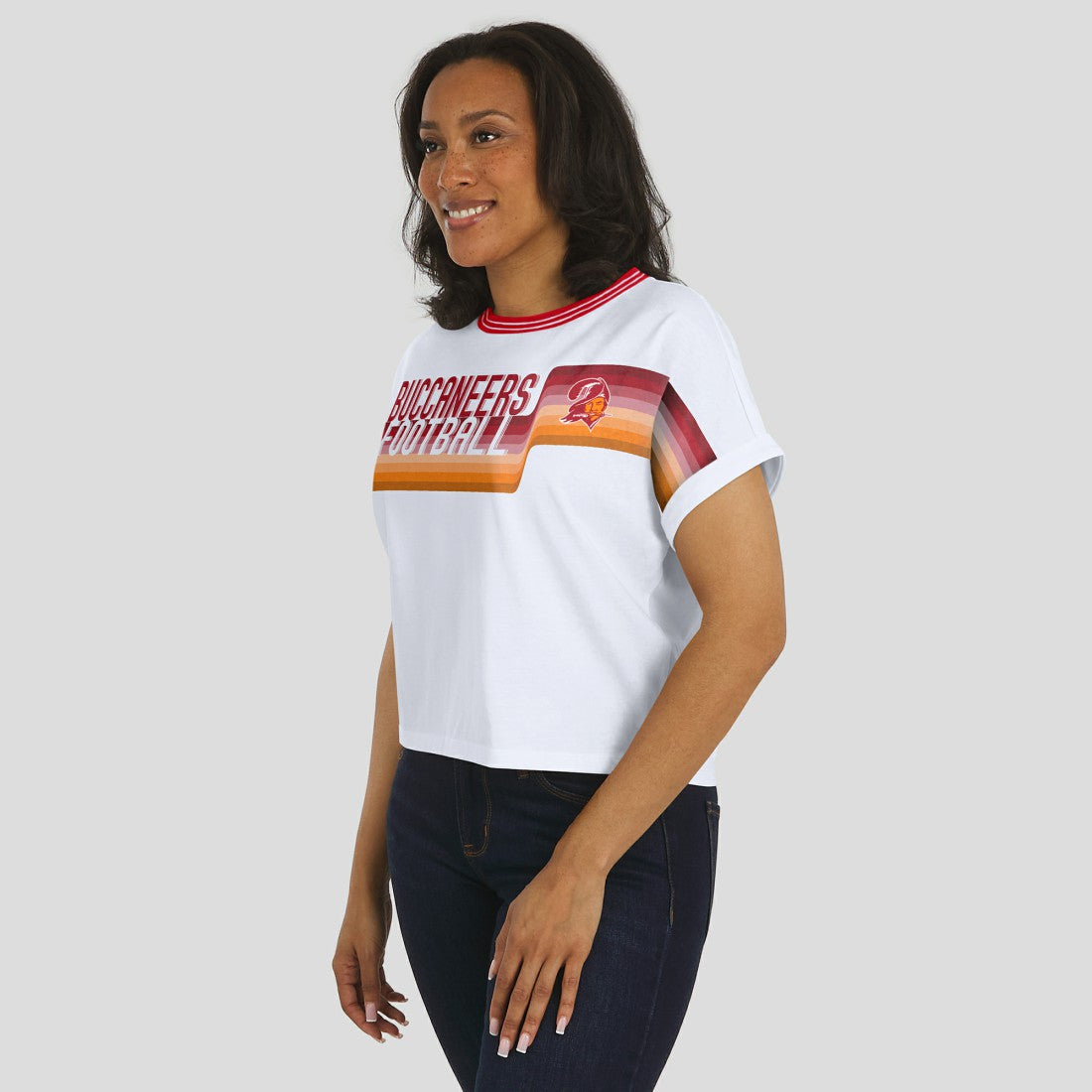 WEAR by Erin Andrews Women's Cropped Center Stripe Dolman T-Shirt - Tampa Bay Buccaneers T-shirts