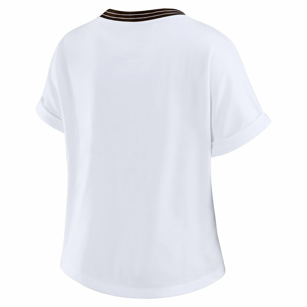 WEAR by Erin Andrews Women's Cropped Center Stripe Dolman T-Shirt - Cleveland Browns T-shirts