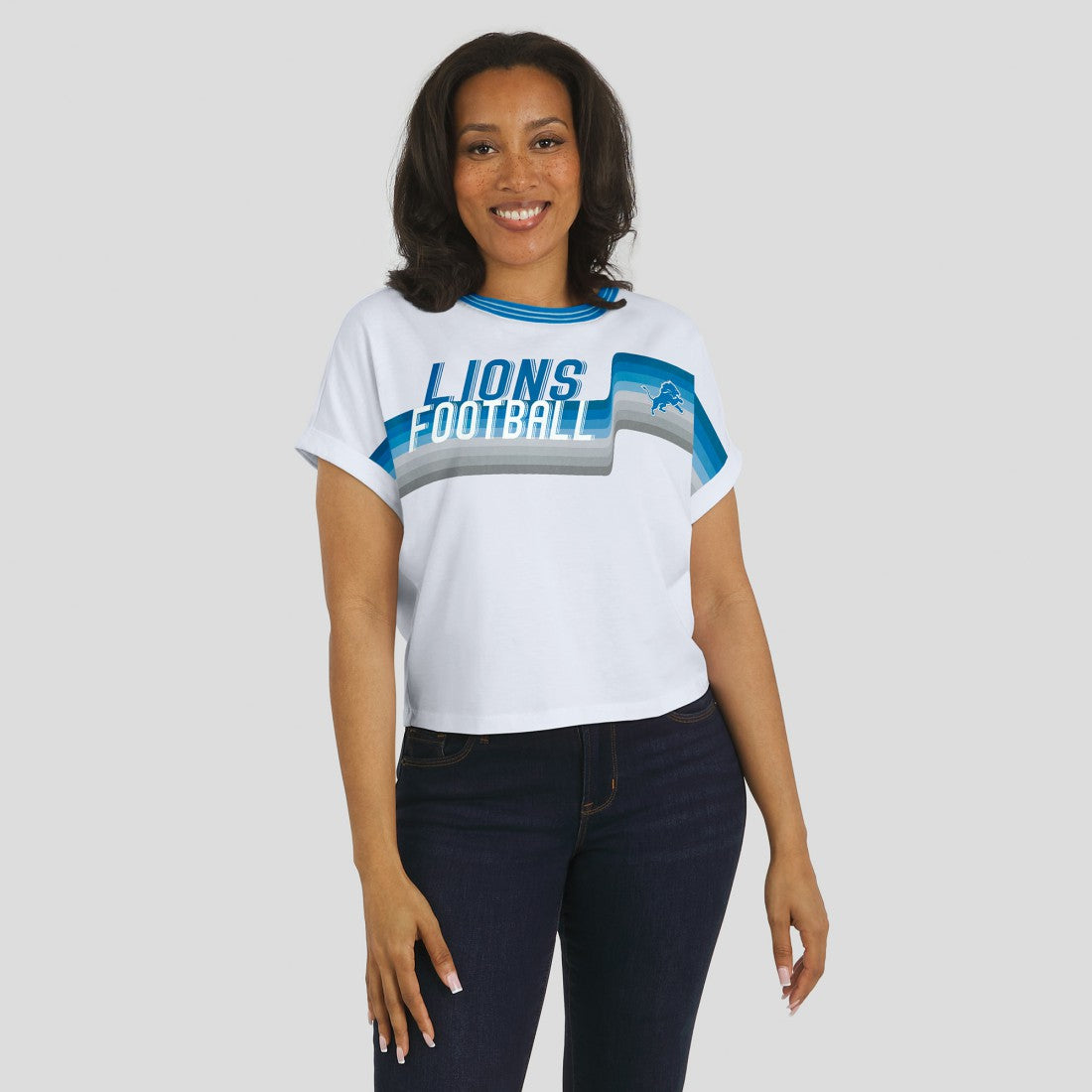 WEAR by Erin Andrews Women's Cropped Center Stripe Dolman T-Shirt - Detroit Lions T-shirts