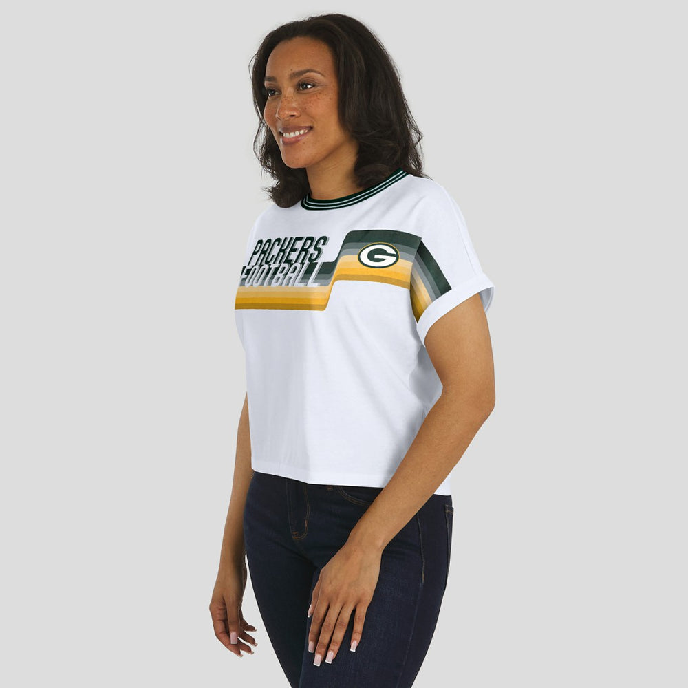 WEAR by Erin Andrews Women's Cropped Center Stripe Dolman T-Shirt - Green Bay Packers T-shirts