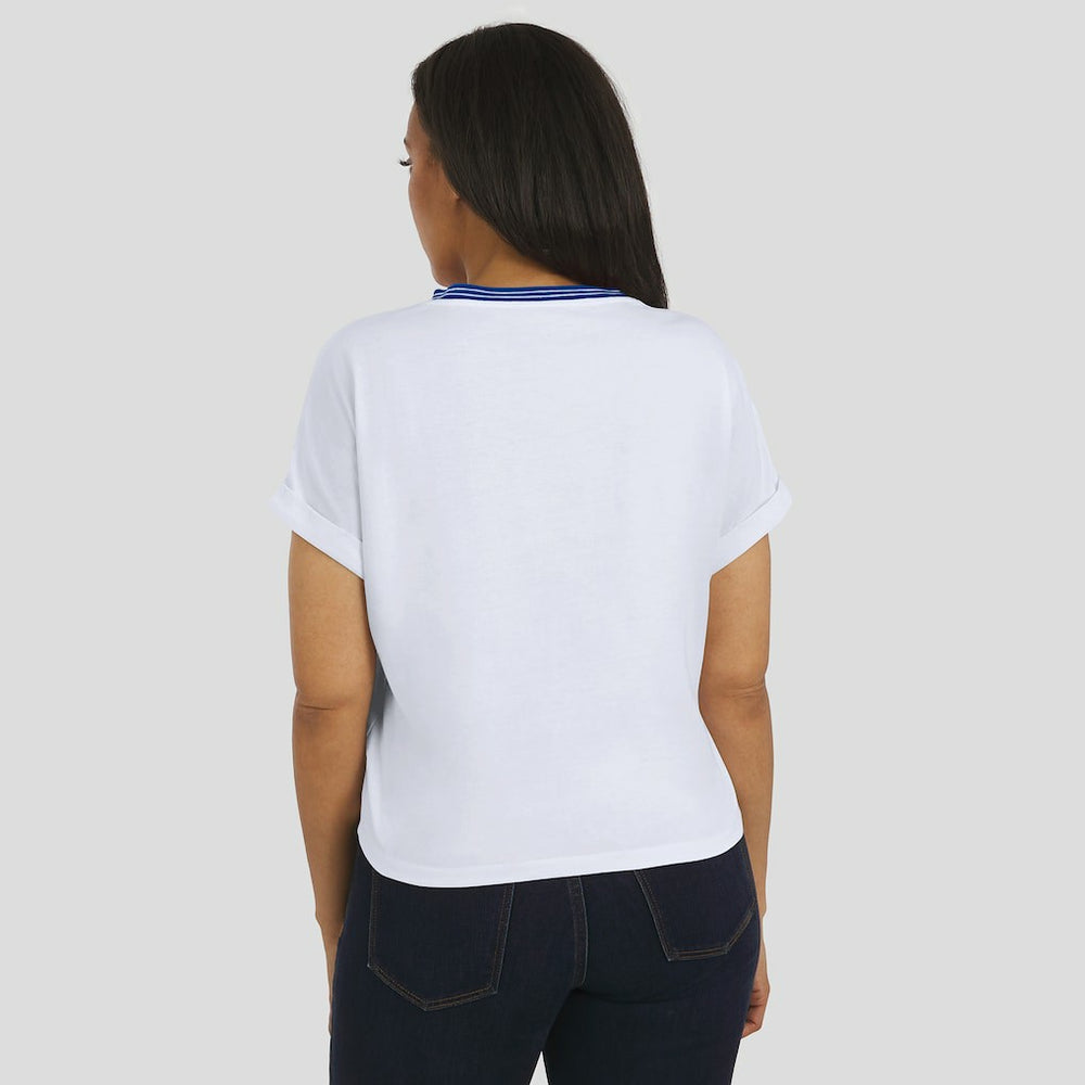 WEAR by Erin Andrews Women's Cropped Center Stripe Dolman T-Shirt - Buffalo Bills T-shirts