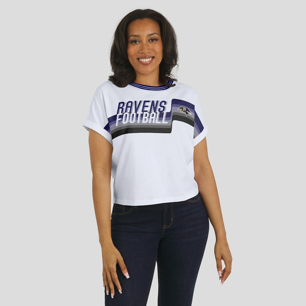 WEAR by Erin Andrews Women's Cropped Center Stripe Dolman T-Shirt - Baltimore Ravens T-shirts
