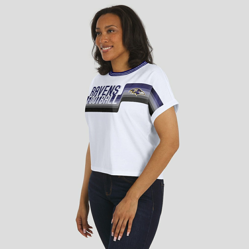 WEAR by Erin Andrews Women's Cropped Center Stripe Dolman T-Shirt - Baltimore Ravens T-shirts