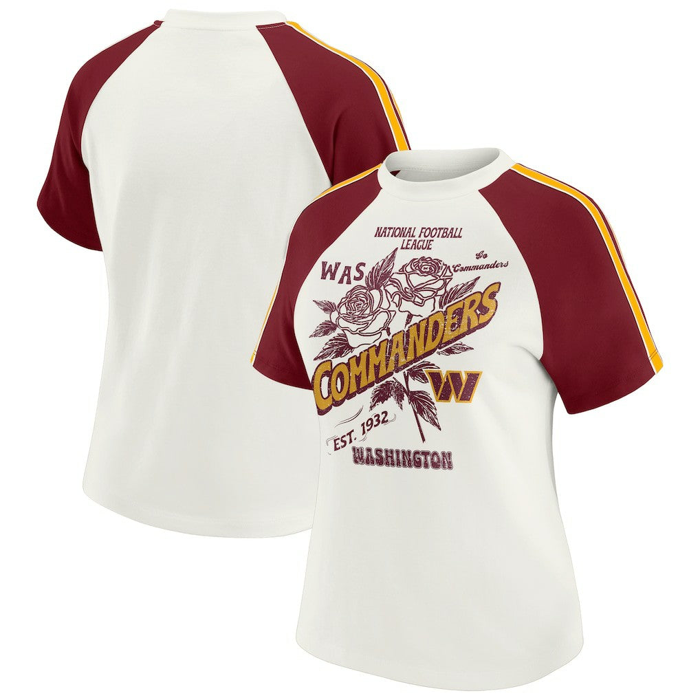 WEAR by Erin Andrews Women's Sleeve Stripe Distressed Raglan T-Shirt - Washington Commanders T-shirts