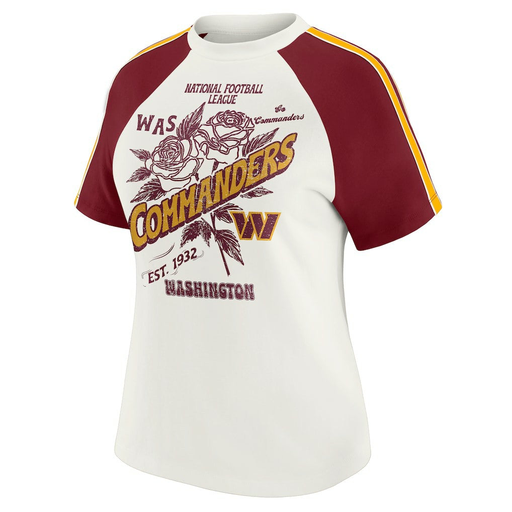 WEAR by Erin Andrews Women's Sleeve Stripe Distressed Raglan T-Shirt - Washington Commanders T-shirts