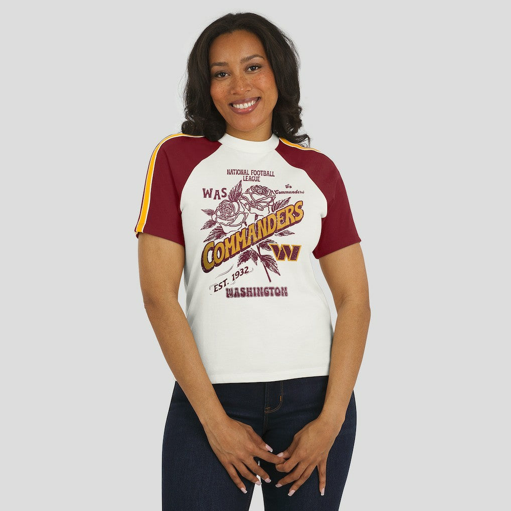 WEAR by Erin Andrews Women's Sleeve Stripe Distressed Raglan T-Shirt - Washington Commanders T-shirts