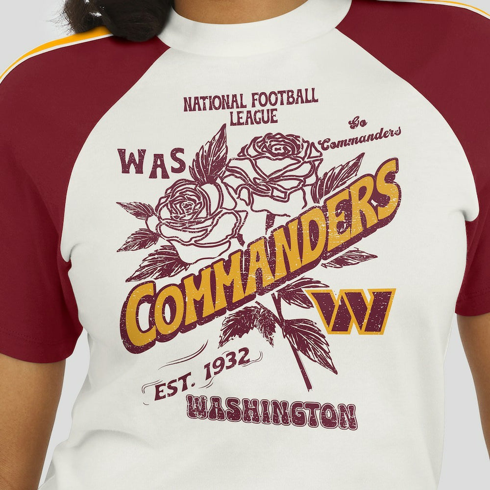 WEAR by Erin Andrews Women's Sleeve Stripe Distressed Raglan T-Shirt - Washington Commanders T-shirts