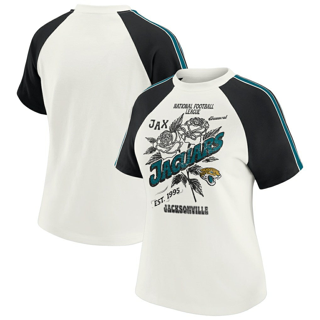 WEAR by Erin Andrews Women's Sleeve Stripe Distressed Raglan T-Shirt - Jacksonville Jaguars T-shirts