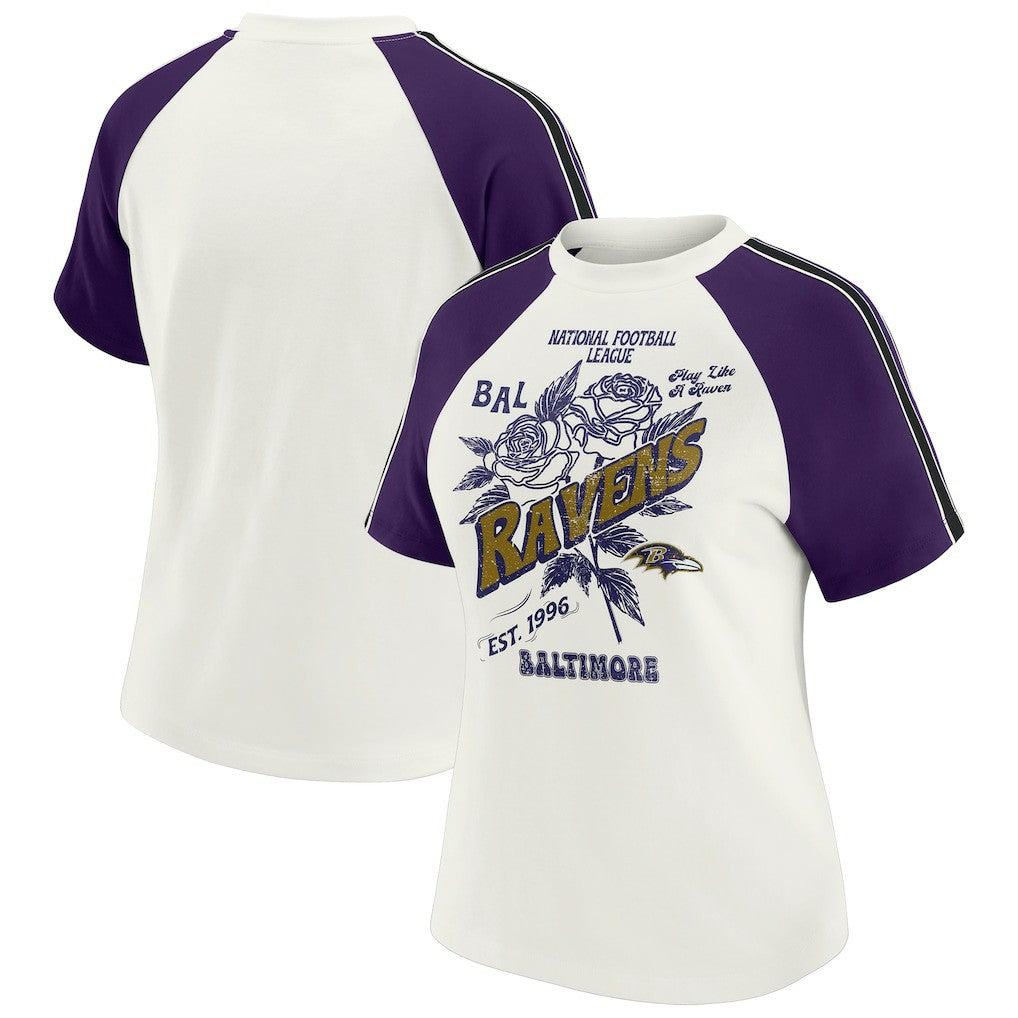 WEAR by Erin Andrews Women's Sleeve Stripe Distressed Raglan T-Shirt - Baltimore Ravens T-shirts