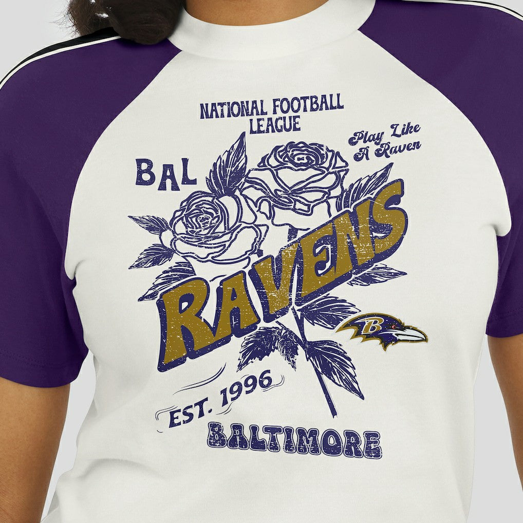 WEAR by Erin Andrews Women's Sleeve Stripe Distressed Raglan T-Shirt - Baltimore Ravens T-shirts