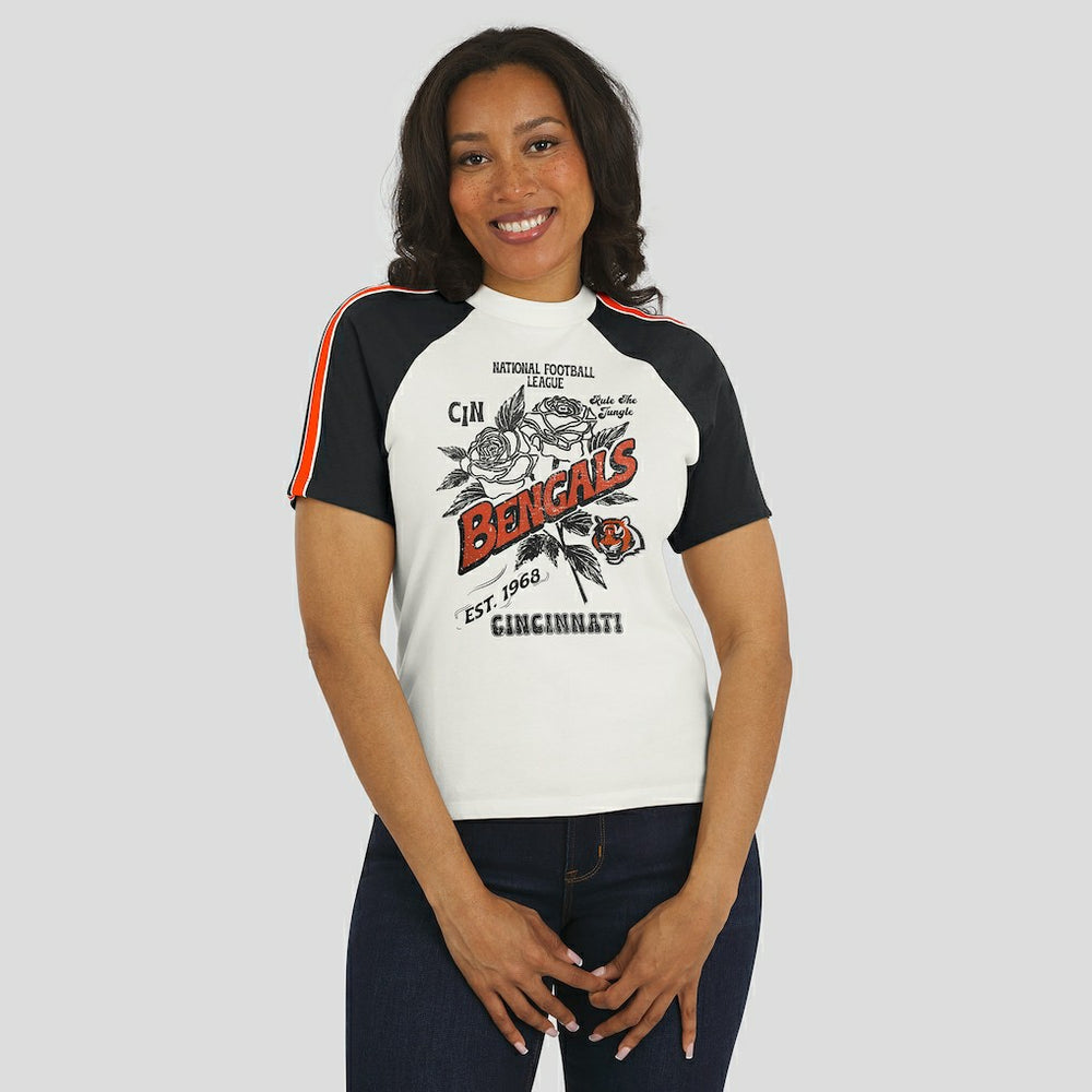 WEAR by Erin Andrews Women's Sleeve Stripe Distressed Raglan T-Shirt - Cincinnati Bengals T-shirts