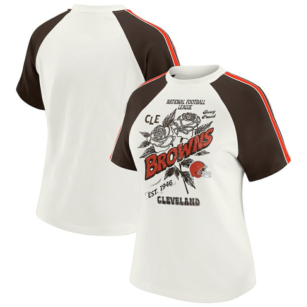 WEAR by Erin Andrews Women's Sleeve Stripe Distressed Raglan T-Shirt - Cleveland Browns T-shirts