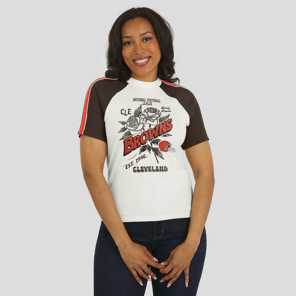 WEAR by Erin Andrews Women's Sleeve Stripe Distressed Raglan T-Shirt - Cleveland Browns T-shirts