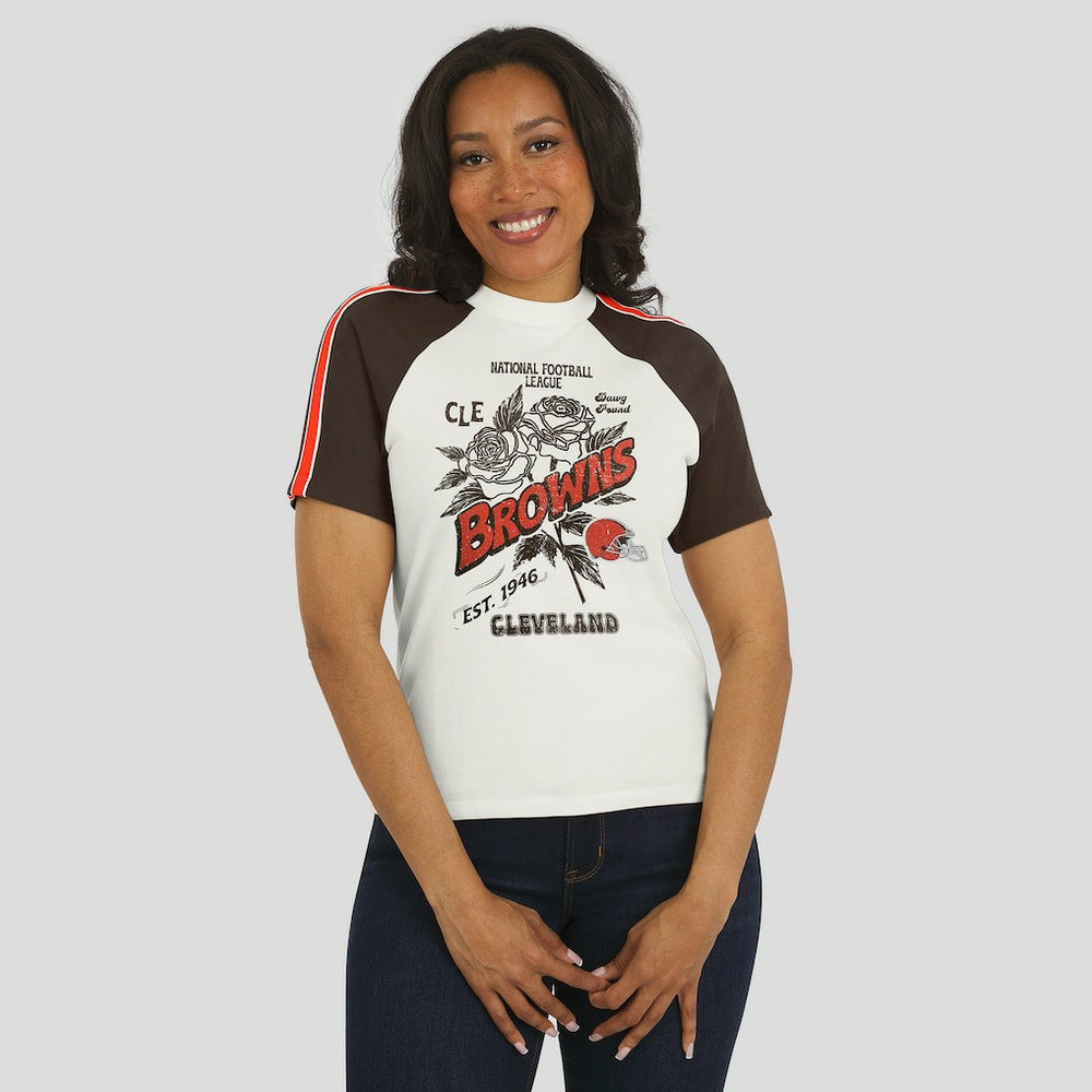 WEAR by Erin Andrews Women's Sleeve Stripe Distressed Raglan T-Shirt - Cleveland Browns T-shirts